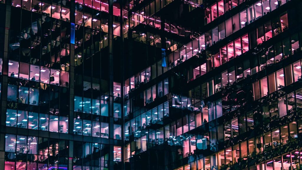 Lights in office buildings at night