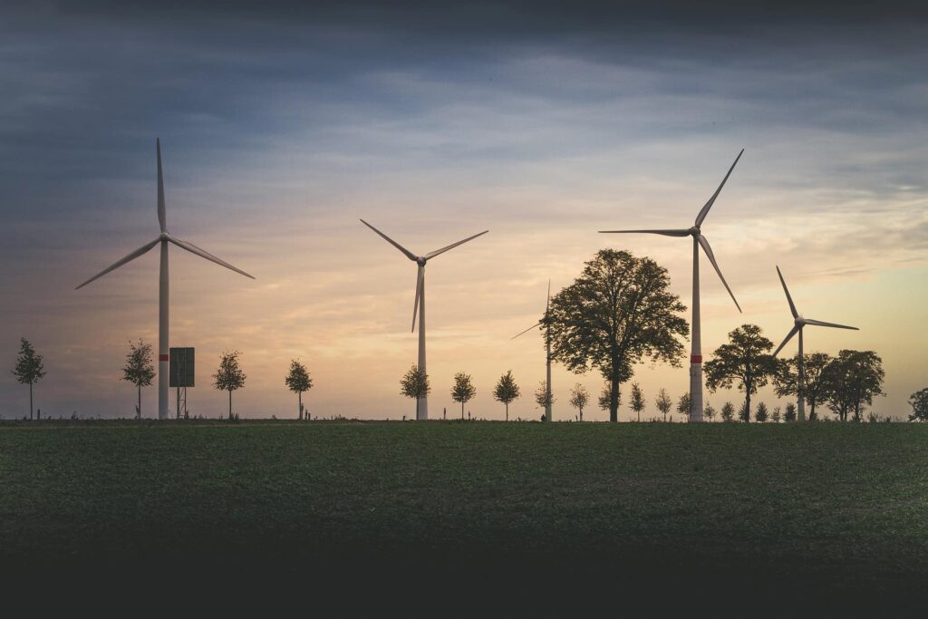 Wind turbines behind field